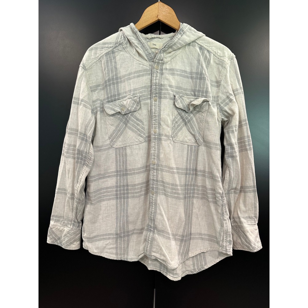 Tna Aritzia Grey White Plaid Hooded Flannel Shirt Cotton Button Down 60437